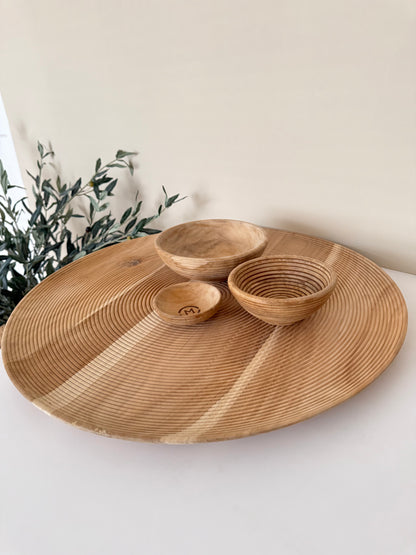 Rond Eiken dienblad incl. 3 bakjes