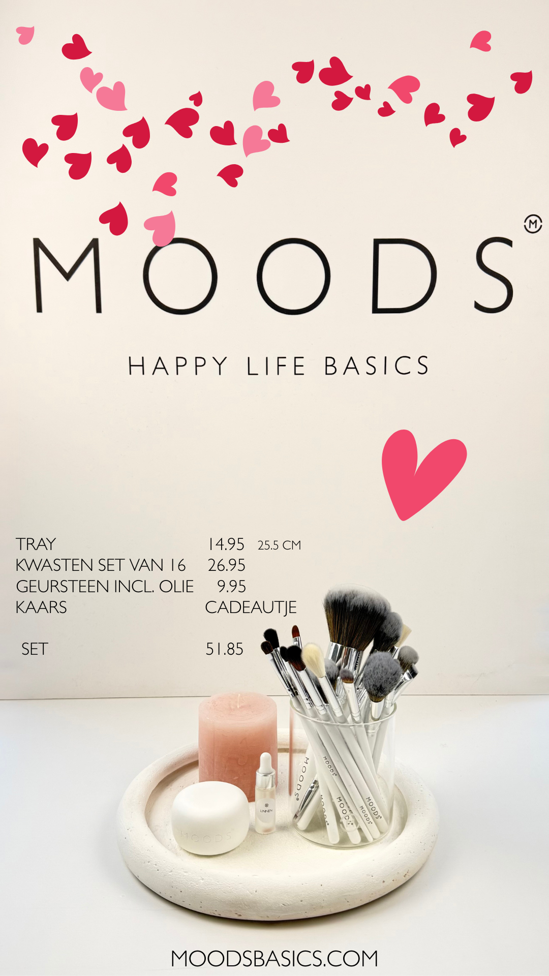 Moods tray met kwasten set van 16, geursteen incl.olie en roze kaars